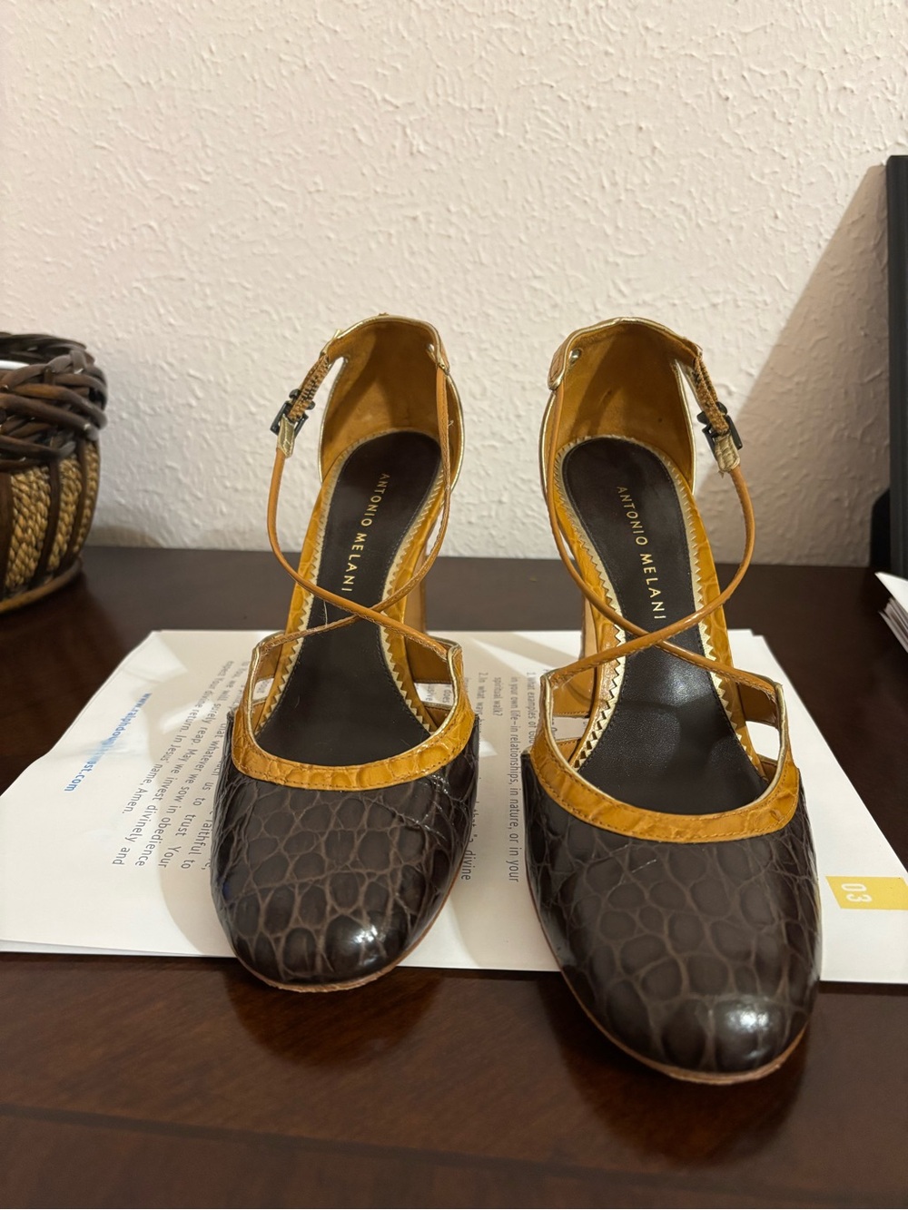 ANTONIO MELANI Brown & Mustard Croc-Embossed Strappy Heels - Picture 3 of 6